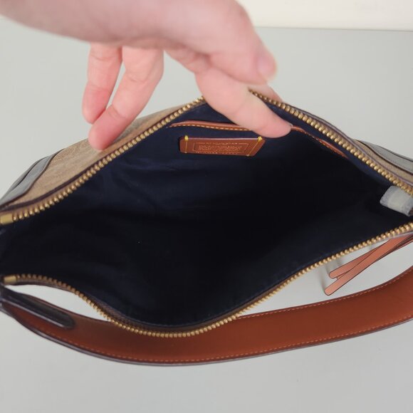 Coach Shoulder Bag Womens Tan Navy Blue Sutton Signature Coated Canvas Purse - Picture 11 of 15